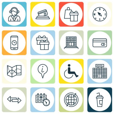 Kredi kartı, hediye ve yol haritası konularda seyahat simgeler kümesi. Düzenlenebilir vektör çizim. Kağıt, devre dışı, inşaat ve daha fazla vektör simge içerir.