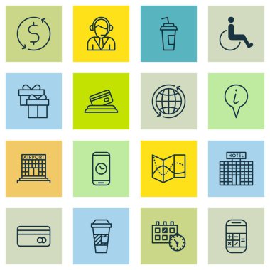 Operatör, paket servisi olan restoran kahve ve mevcut konularda ulaşım simgeler kümesi. Düzenlenebilir vektör çizim. Dolar, randevu, kredi ve daha fazla vektör simge içerir.