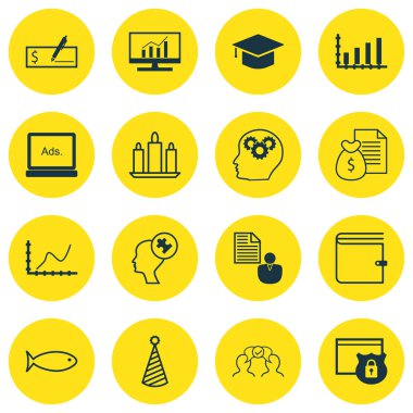 16 evrensel düzenlenebilir simgeler kümesi. Web, mobil ve App tasarım için kullanılabilir. Dynamics, doğum günü şapkası, insan aklının ve daha fazlası gibi simgeleri içerir.