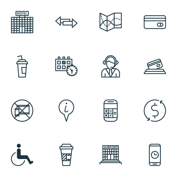 Set van reizende iconen op de bouw van de luchthaven, benoeming en Operator onderwerpen. Bewerkbare vectorillustratie. Omvat toegankelijkheid, afhaalmaaltijden, mobiel en meer Vector Icons. — Stockvector