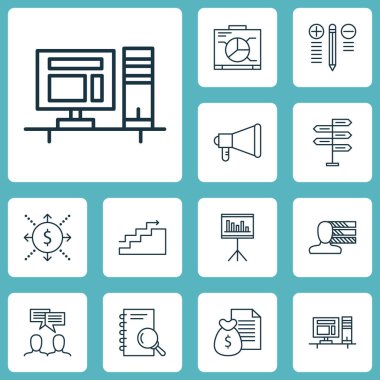 Rapor, bilgisayar ve sunum konularda proje yönetimi simgeler kümesi. Düzenlenebilir vektör çizim. Terfi, Pano, beceri ve daha fazla vektör simge içerir.
