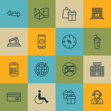 Hesaplama, erişilebilirlik ve içki Kupası konular üzerinde seyahat simgeler kümesi. Düzenlenebilir vektör çizim. Borç, Merkezi, yön ve daha fazla vektör simge içerir.