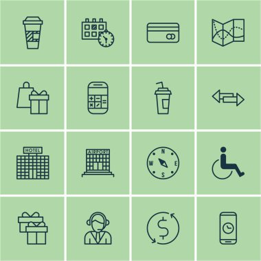 Taşıma kümesini simgeler alışveriş üzerinde arama süresi ve yol haritası konular. Düzenlenebilir vektör çizim. Otel, engelliler, kredi ve daha fazla vektör simge içerir.