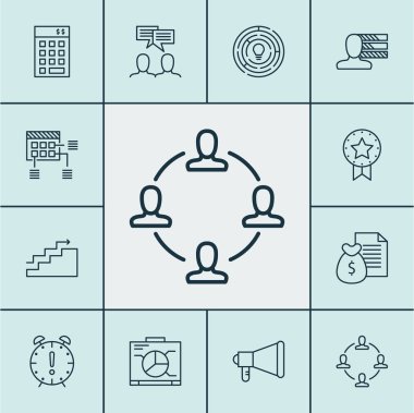 Tartışma, raporu ve yönetim kurulu konularda proje yönetimi simgeler kümesi. Düzenlenebilir vektör çizim. Rozet, gösterge tablosu, büyüme ve daha fazla vektör simge içerir.