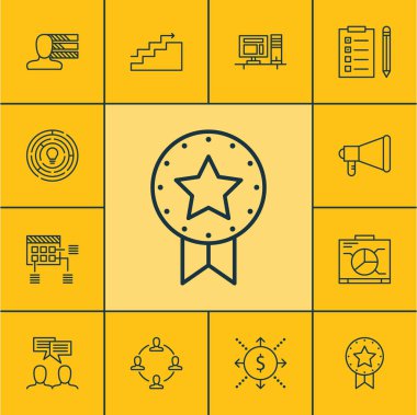 Para, zamanlama ve mevcut rozet konularda proje yönetimi simgeler kümesi. Düzenlenebilir vektör çizim. Duyuru, çizelgesi, liste ve daha fazla vektör simge içerir.