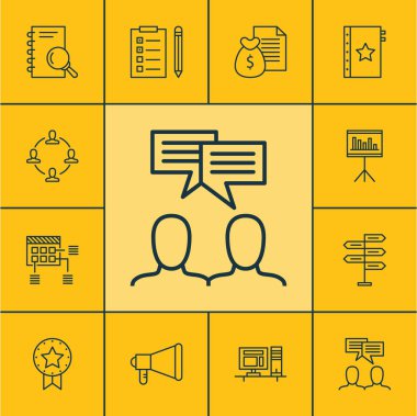 Bilgisayar, hatırlatma ve işbirliği konuları üzerinde proje yönetimi simgeler kümesi. Düzenlenebilir vektör çizim. Görev, Plan, duyuru ve daha fazla vektör simge içerir.