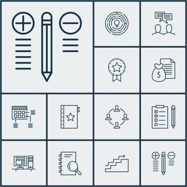 Zamanlama, karar verme ve analiz konuları üzerinde proje yönetimi simgeler kümesi. Düzenlenebilir vektör çizim. Defter, kazanmak, garanti ve daha fazla vektör simge içerir.