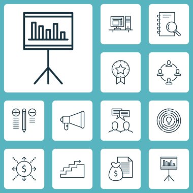 Bilgisayar, yenilik ve mevcut rozet konularda proje yönetimi simgeler kümesi. Düzenlenebilir vektör çizim. Ödül, para, beyin fırtınası ve daha fazla vektör simge içerir.
