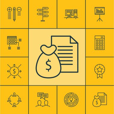 Yenilik, karar verme ve işbirliği konuları üzerinde proje yönetimi simgeler kümesi. Düzenlenebilir vektör çizim. Toplantı, takım, sunum ve daha fazla vektör simge içerir.