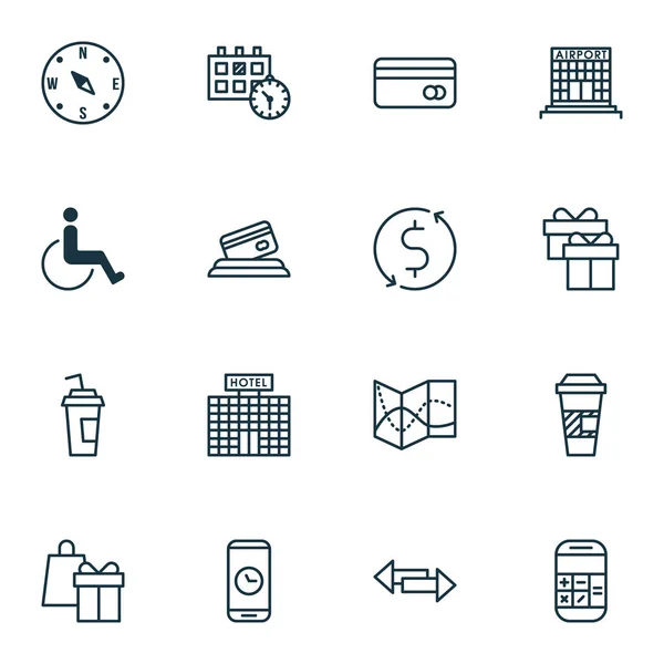 Set reizen pictogrammen op afspraak, zoek en Credit Card onderwerpen. Bewerkbare vectorillustratie. Omvat vakantie, kompas, telefoon en meer Vector Icons. — Stockvector