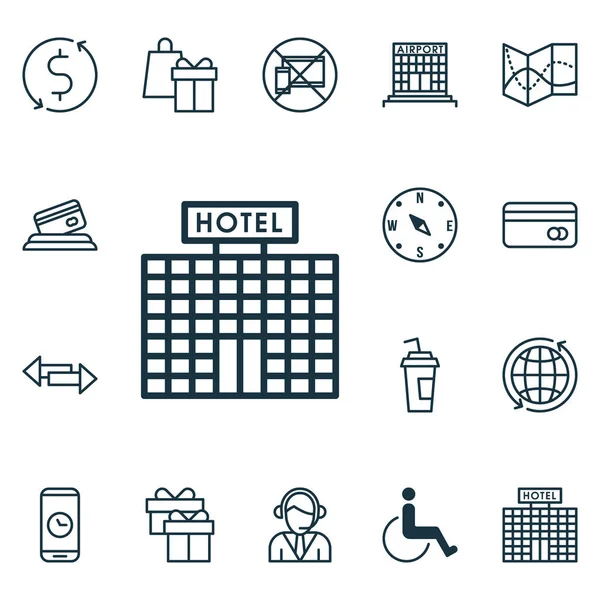 Set van reizende iconen op geld Trasnfer, Hotel bouw en Plastic kaart onderwerpen. Bewerkbare vectorillustratie. Inclusief Hotel, Exchange, gebouw en meer Vector Icons. — Stockvector