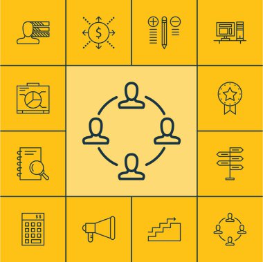 Para, işbirliği ve bilgisayar konuları üzerinde proje yönetimi simgeler kümesi. Düzenlenebilir vektör çizim. Yapım, büyüme, promosyon ve daha fazla vektör simge içerir.