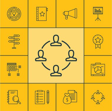 İşbirliği, analiz ve yönetim kurulu konularda proje yönetimi simgeler kümesi. Düzenlenebilir vektör çizim. Uyarı mektubu, karar, rozet ve daha fazla vektör simge içerir.