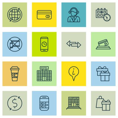 Randevu, operatör ve para Trasnfer konularda seyahat simgeler kümesi. Düzenlenebilir vektör çizim. Küre, işaretçi, operatör ve daha fazla vektör simge içerir.