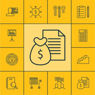 Karar verme, yatırım ve para konuları üzerinde proje yönetimi simgeler kümesi. Düzenlenebilir vektör çizim. Zamanlama, istatistik, takım ve daha fazla vektör simge içerir.