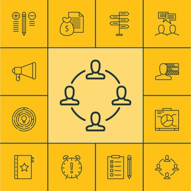 Uyarı mektubu, garanti ve tartışma konuları proje yönetimi simgeler kümesi. Düzenlenebilir vektör çizim. İşbirliği, takım, çatal ve daha fazla vektör simge içerir.