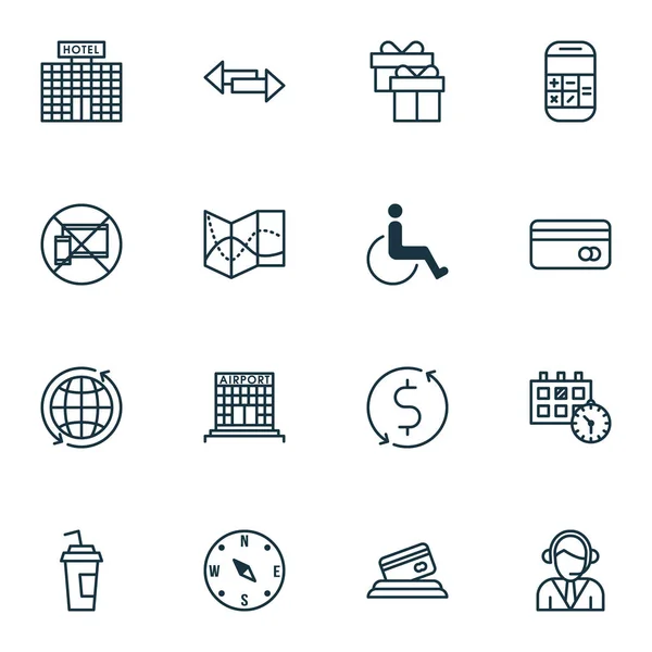 Set van vervoer iconen op geld Trasnfer, Plastic kaart en Hotel bouw onderwerpen. Bewerkbare vectorillustratie. Exploitant, richting, ongeveer omvat en meer Vector Icons. — Stockvector