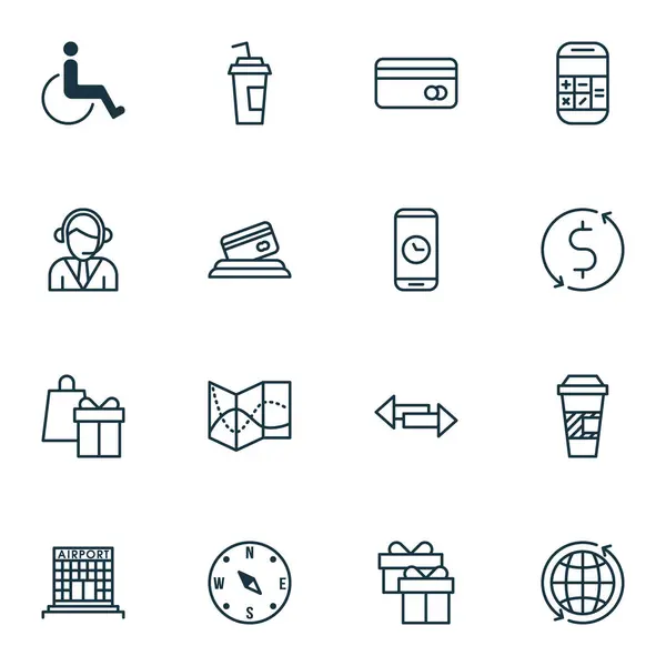 Set van reizen iconen op de bouw van de luchthaven, afhaalmaaltijden koffie en Crossroad onderwerpen. Bewerkbare vectorillustratie. Omvat rond, uitgeschakeld, pijlen en meer Vector Icons. — Stockvector