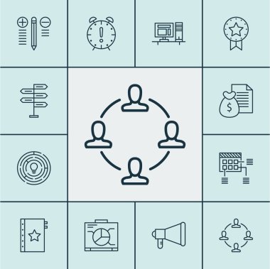 Fırsat, rapor ve duyuru konularda proje yönetimi simgeler kümesi. Düzenlenebilir vektör çizim. Beyin fırtınası, zamanlama, beyin fırtınası ve daha fazla vektör simge içerir.