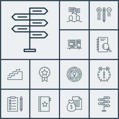 Proje Yönetimi simgeleri yenilik, analiz ve karar verme konular üzerinde ayarlayın. Düzenlenebilir vektör çizim. Fikir, para, çözüm ve daha fazla vektör simge içerir.