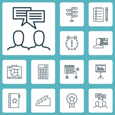 Zaman yönetimi, garanti ve mevcut rozet konular proje yönetimi simgeler kümesi. Düzenlenebilir vektör çizim. Grafik, verimlilik, kalite ve daha fazla vektör simge içerir.