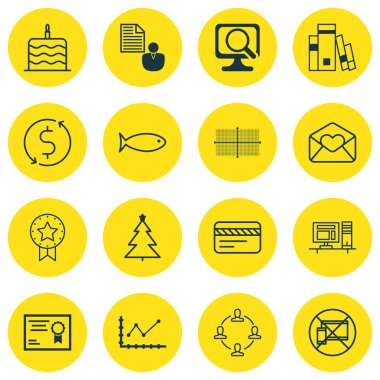 16 evrensel düzenlenebilir simgeler kümesi. Web, mobil ve App tasarım için kullanılabilir. Kutlama kek gibi simgeleri dekore edilmiş ağaç, Kütüphane ve daha fazlasını içerir.