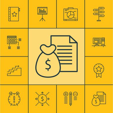 Sunum, fırsat ve para konularda proje yönetimi simgeler kümesi. Düzenlenebilir vektör çizim. Para, sunum, garanti ve daha fazla vektör simge içerir.