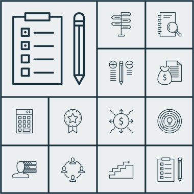 Büyüme, işbirliği ve yatırım konularda proje yönetimi simgeler kümesi. Düzenlenebilir vektör çizim. Nakit, defter, akış ve daha fazla vektör simge içerir.