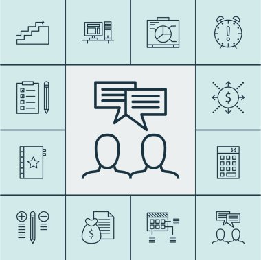 Proje Yönetimi simgeler gemide, karar verme ve para konuları kümesi. Düzenlenebilir vektör çizim. Uyarı mektubu, vade, zaman ve daha fazla vektör simge içerir.