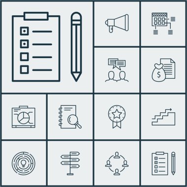 Duyuru, analiz ve yenilik konularda proje yönetimi simgeler kümesi. Düzenlenebilir vektör çizim. Kazanmak, Toplantı, promosyon ve daha fazla vektör simge içerir.