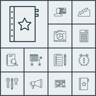 Garanti, zamanlama ve zaman yönetimi konuları proje yönetimi simgeler kümesi. Düzenlenebilir vektör çizim. Promosyon, uyarı mektubu, Kişilik ve daha fazla vektör simge içerir.