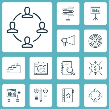 Sunum, yönetim kurulu ve para konularda proje yönetimi simgeler kümesi. Düzenlenebilir vektör çizim. Kalite, zamanlama, karar ve daha fazla vektör simge içerir.