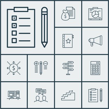 Garanti, fırsat ve duyuru konularda proje yönetimi simgeler kümesi. Düzenlenebilir vektör çizim. Bilgisayar, kontrol paneli, gelir ve daha fazla vektör simge içerir.