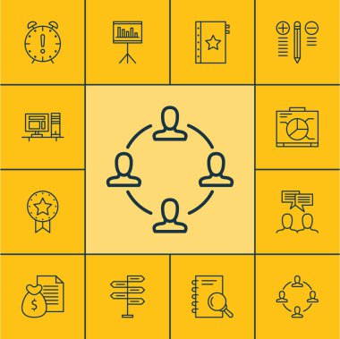 Gemide, tartışma ve mevcut rozet konular proje yönetimi simgeler kümesi. Düzenlenebilir vektör çizim. Pano, sağ, analiz ve daha fazla vektör simge içerir.