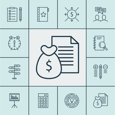 Zaman yönetimi, sunum ve rapor konuları üzerinde proje yönetimi simgeler kümesi. Düzenlenebilir vektör çizim. Araştırma, garanti, akış ve daha fazla vektör simge içerir.