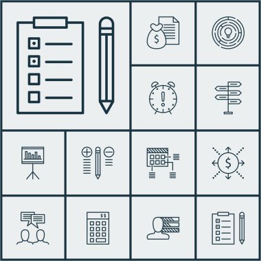Kişisel becerileri, yenilik ve para konularda proje yönetimi simgeler kümesi. Düzenlenebilir vektör çizim. Gelir, rapor, tartışma ve daha fazla vektör simge içerir.