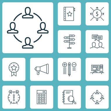 Analiz, tartışma ve bilgisayar konularda proje yönetimi simgeler kümesi. Düzenlenebilir vektör çizim. Şu, rozet, işbirliği ve daha fazla vektör simge içerir.