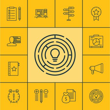 Yenilik, hatırlatma ve kişisel becerileri konularda proje yönetimi simgeler kümesi. Düzenlenebilir vektör çizim. Duyuru, çatal, son tarih ve daha fazla vektör simge içerir.