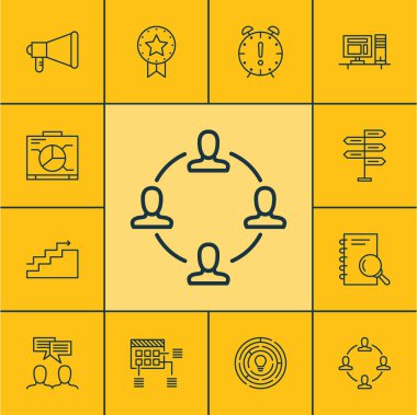 Program, analiz ve duyuru konularda proje yönetimi simgeler kümesi. Düzenlenebilir vektör çizim. Pano, Plan, son tarih ve daha fazla vektör simge içerir.