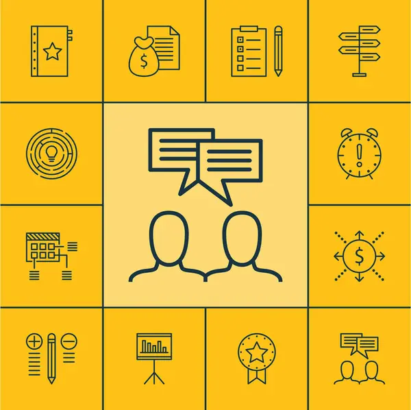 Set di icone di gestione del progetto su discussione, Distintivo presente e argomenti di presentazione. Illustrazione vettoriale modificabile. Include data, denaro, attività e più icone vettoriali . — Vettoriale Stock