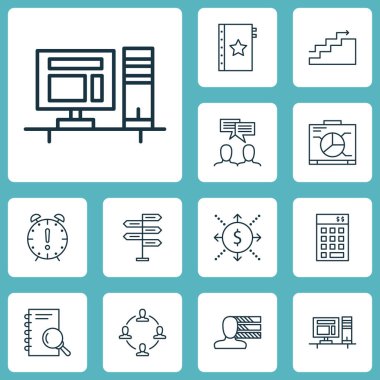 Bilgisayar, yönetim kurulu ve para konularda proje yönetimi simgeler kümesi. Düzenlenebilir vektör çizim. Hedef, tartışma, yönetim ve daha fazla vektör simge içerir.