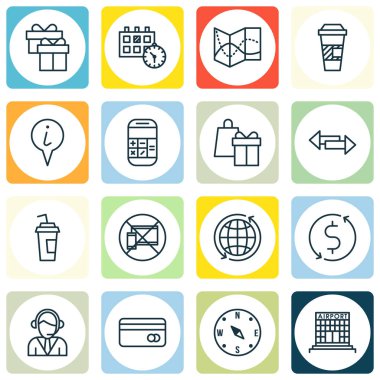 Operatör, bilgi işaretçi ve içki Kupası konularda ulaşım simgeler kümesi. Düzenlenebilir vektör çizim. Bina, Küre, pusula ve daha fazla vektör simge içerir.