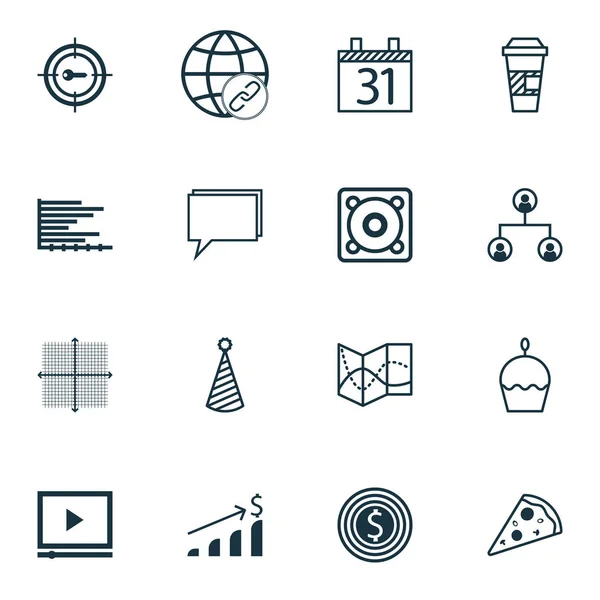 Set van 16 universele bewerkbare iconen. Kan worden gebruikt voor Web, mobiel en App Design. Bevat pictogrammen zoals muziek, bedrijfsdoel, Bars grafiek en meer. — Stockvector