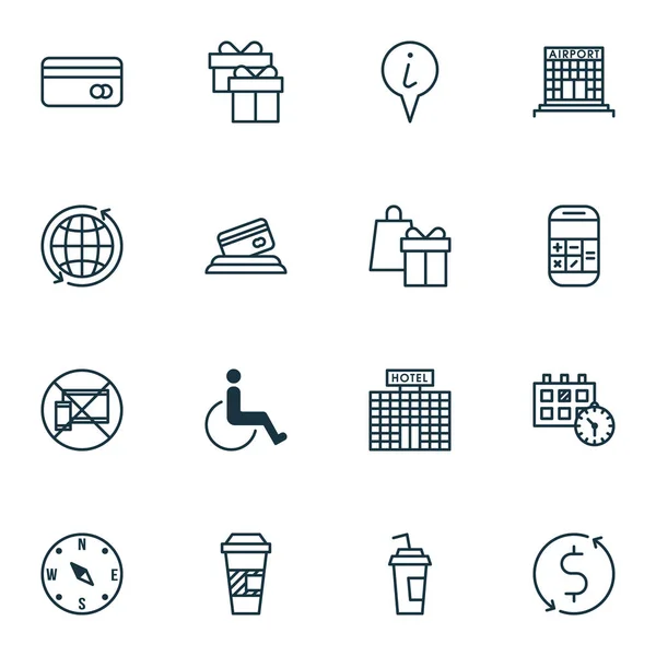 Set van reizende iconen op Hotel bouw, Plastic kaart en onderwerpen van de wereld. Bewerkbare vectorillustratie. Inclusief doos, afspraak, aanwijzer en meer Vector Icons. — Stockvector