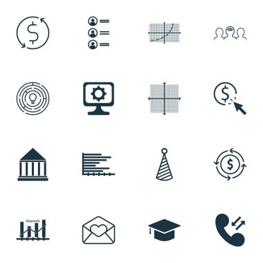 16 evrensel düzenlenebilir simgeler kümesi. Web, mobil ve App tasarım için kullanılabilir. Eğitim Merkezi, anahtar kelime optimizasyonu, para geri dönüşüm ve daha fazlası gibi simgeleri içerir.