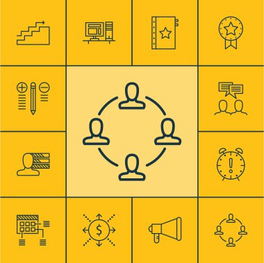 Duyuru, mevcut rozet ve garanti konularda proje yönetimi simgeler kümesi. Düzenlenebilir vektör çizim. Hedef, Kişilik, kalite ve daha fazla vektör simge içerir.