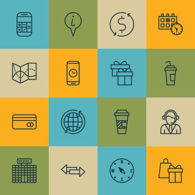 Hesaplama, plastik kart ve mevcut konularda seyahat simgeler kümesi. Düzenlenebilir vektör çizim. Pusula, kredi, dolar ve daha fazla vektör simge içerir.