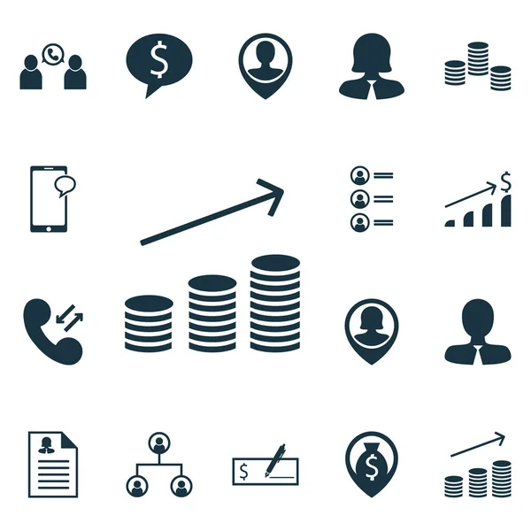 Set di icone di gestione su affari affare, crescita delle monete e argomenti della conferenza telefonica. Illustrazione vettoriale modificabile. Include assegno, lavoro, dipendente e più icone vettoriali . — Vettoriale Stock