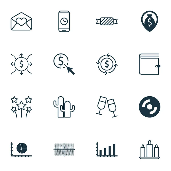 Conjunto de 16 iconos editables universales. Puede ser utilizado para el diseño web, móvil y de aplicaciones. Incluye iconos tales como CD en blanco, cartera, duración de la llamada y más . — Vector de stock