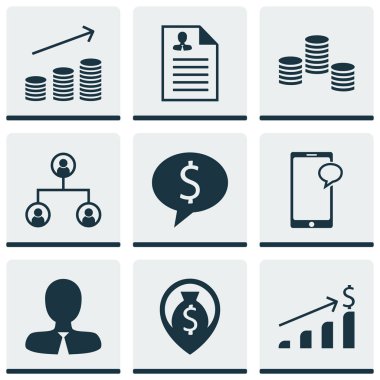 Yöneticisi, paralar büyüme ve konular ileti yönetimi simgeler kümesi. Düzenlenebilir vektör çizim. Sohbet, dolar, görüş ve daha fazla vektör simge içerir.